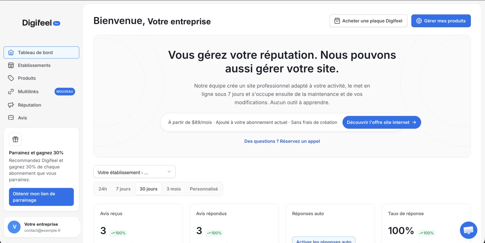 Tableau de bord Digifeel Pro : avis reçus, avis répondus, taux de réponse, suivi par établissement