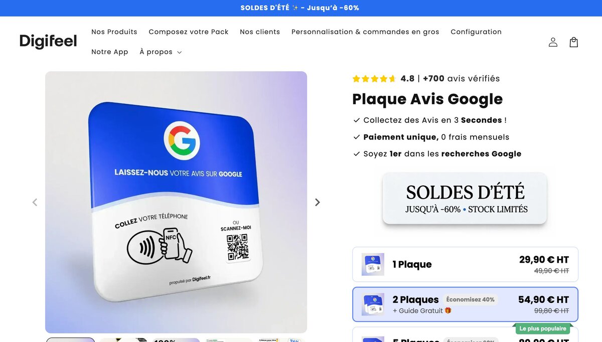 Page produit officielle Digifeel : plaque avis Google, offres et prix par pack