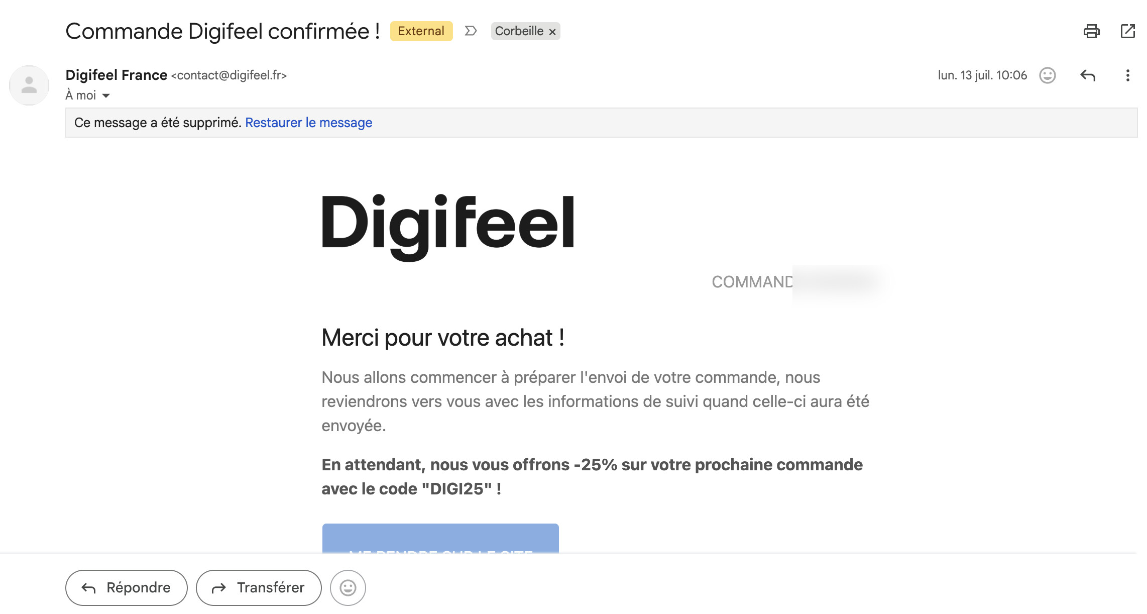 Confirmation de commande de la plaque Digifeel, numéro masqué