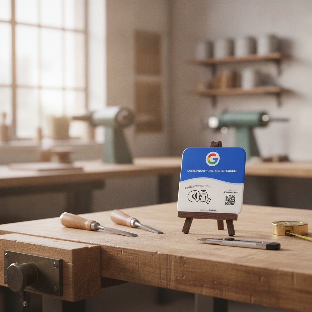 Plaque avis Google Digifeel sur l'établi d'un artisan