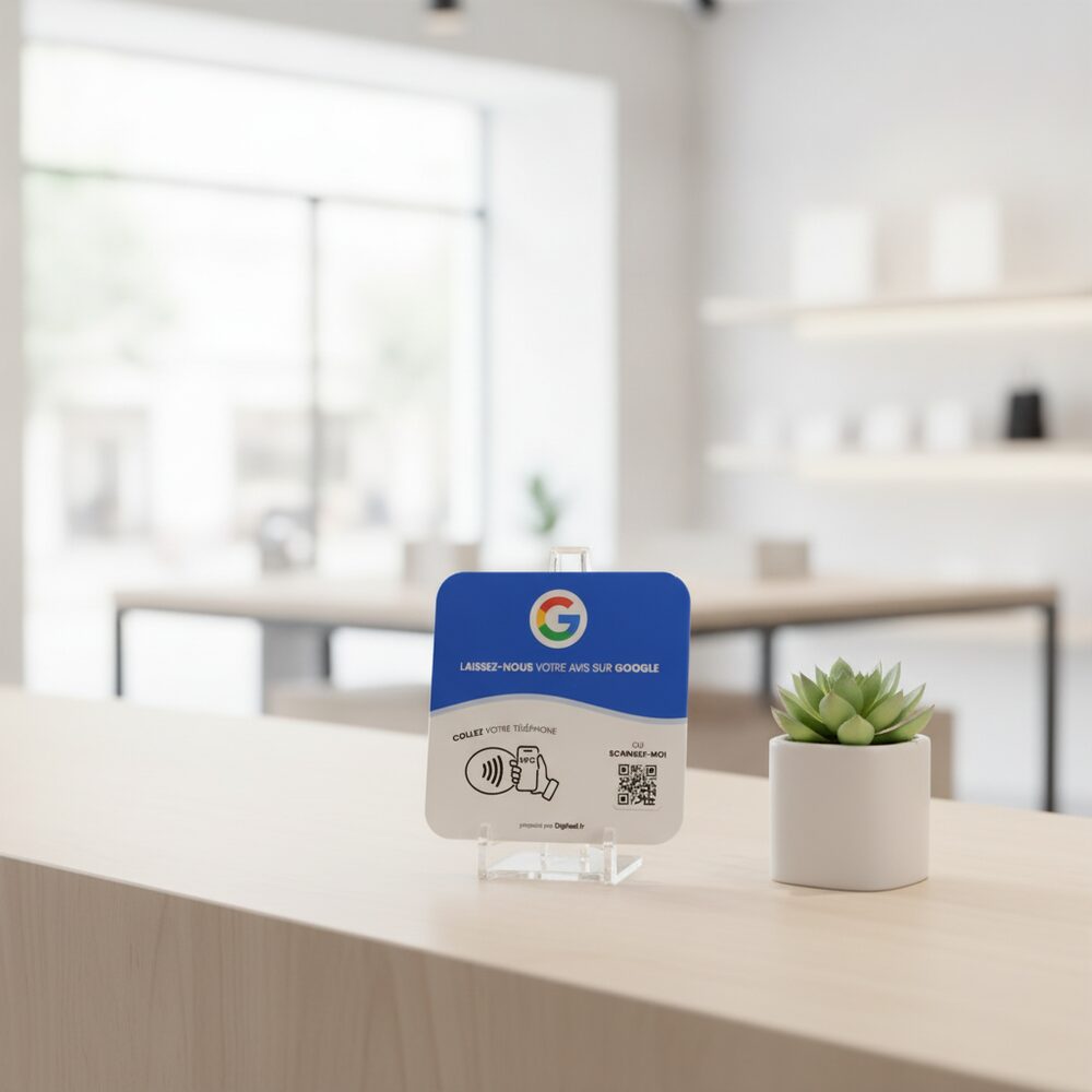 Plaque avis Google Digifeel sur le comptoir d'une boutique