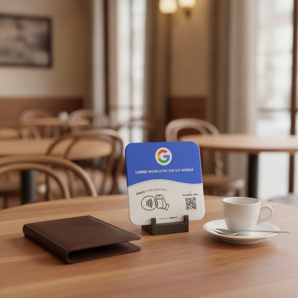 Plaque avis Google Digifeel posée sur une table de restaurant